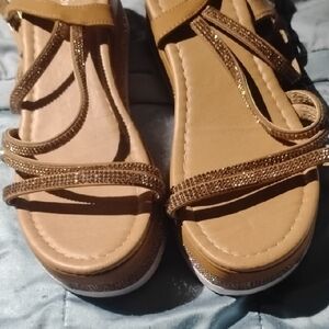 Forever 21 Tan Sandals with Rhinestone Straps